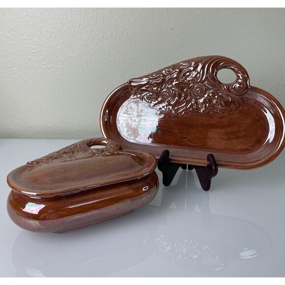 Vintage Byron Molds 1977 Pumpkin Ceramic Trinket Box & Tray, Signed Hand Painted - Picture 3 of 12